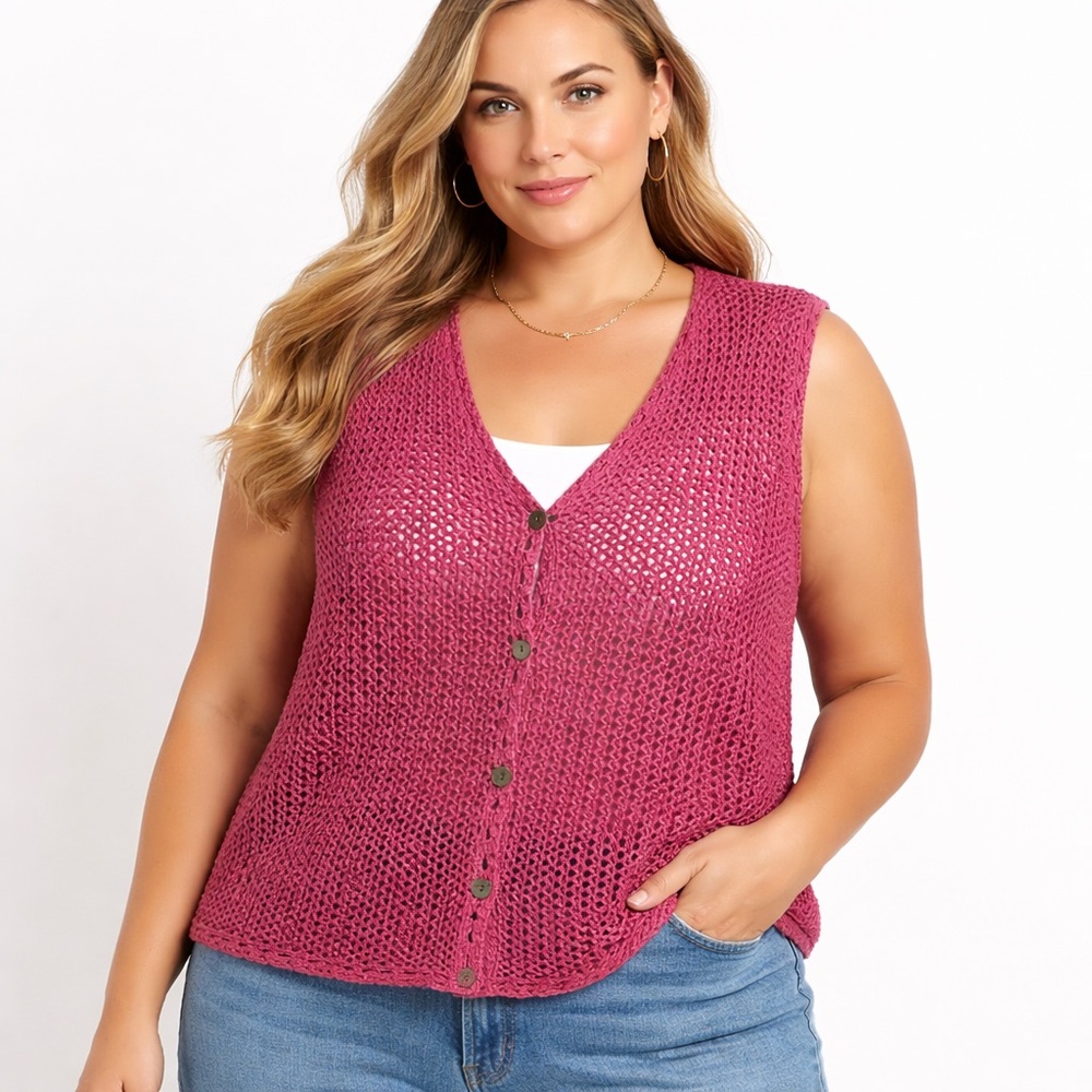 LL Bean Womens XL Crochet Vest Linen  Blend Open Knit  Boho Cottage Grannycore